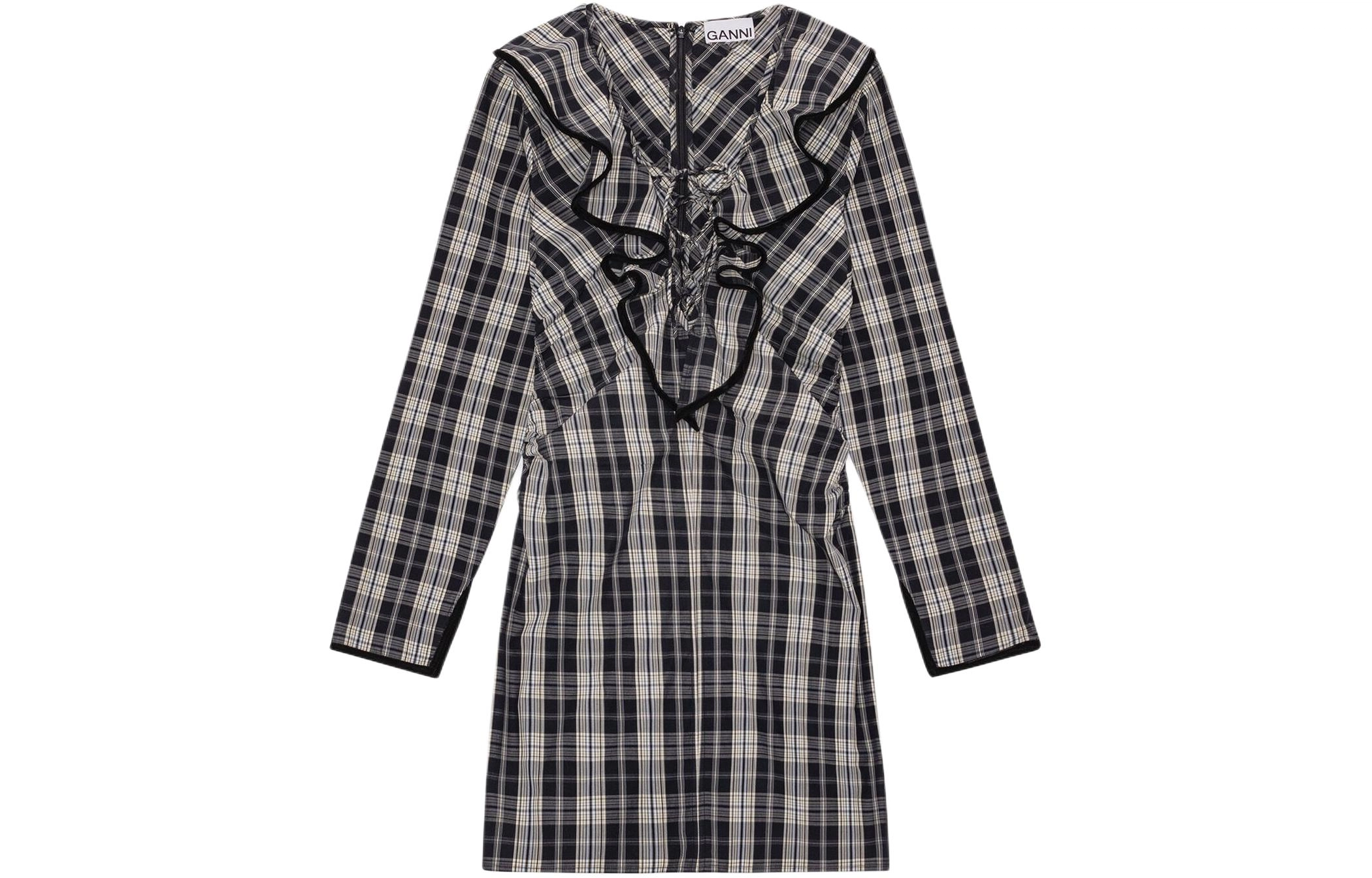 GANNI Checkered Cotton Ruffle V-Neck Mini Dress V