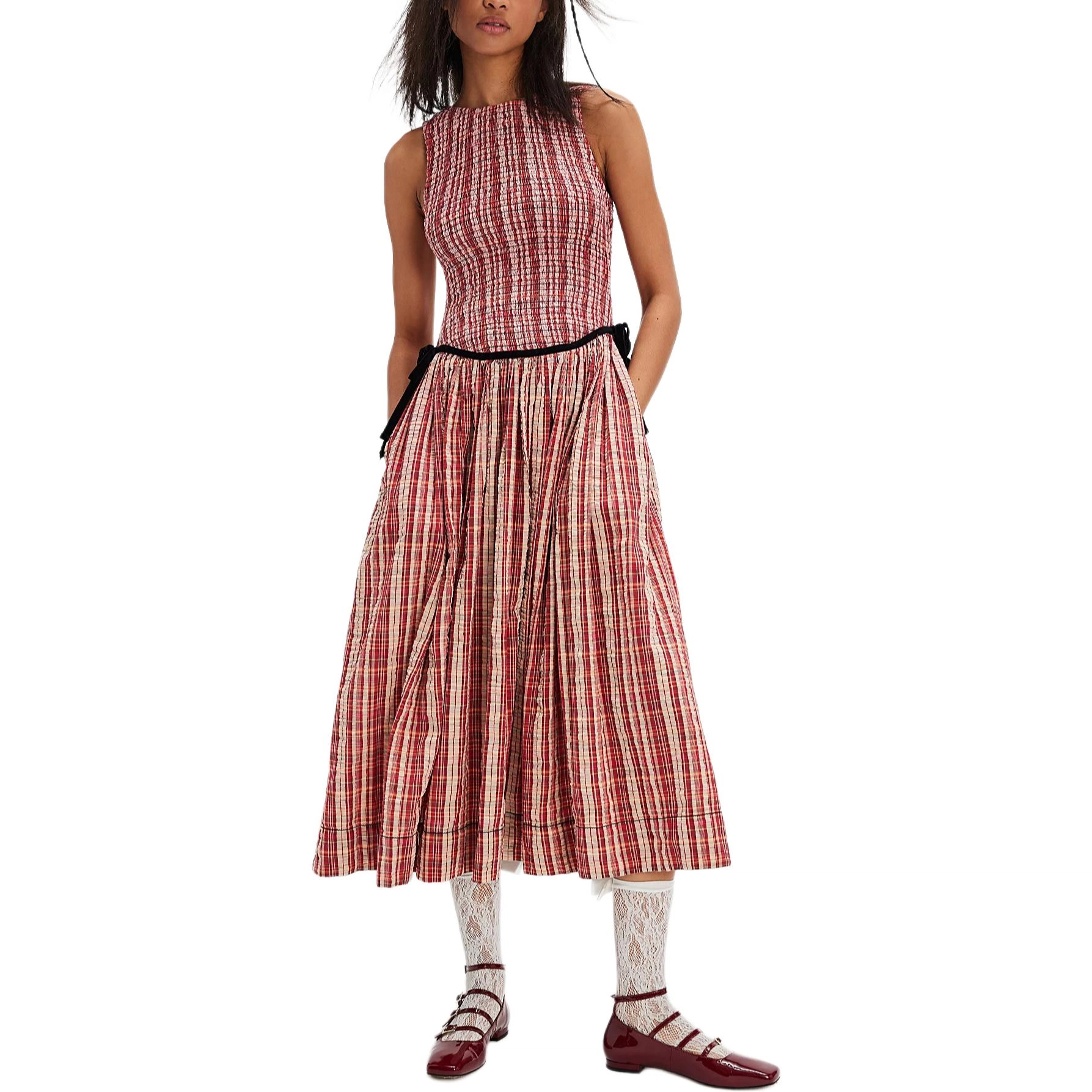 FREE PEOPLE Nightingale Plaid Midi Dress Red Combo