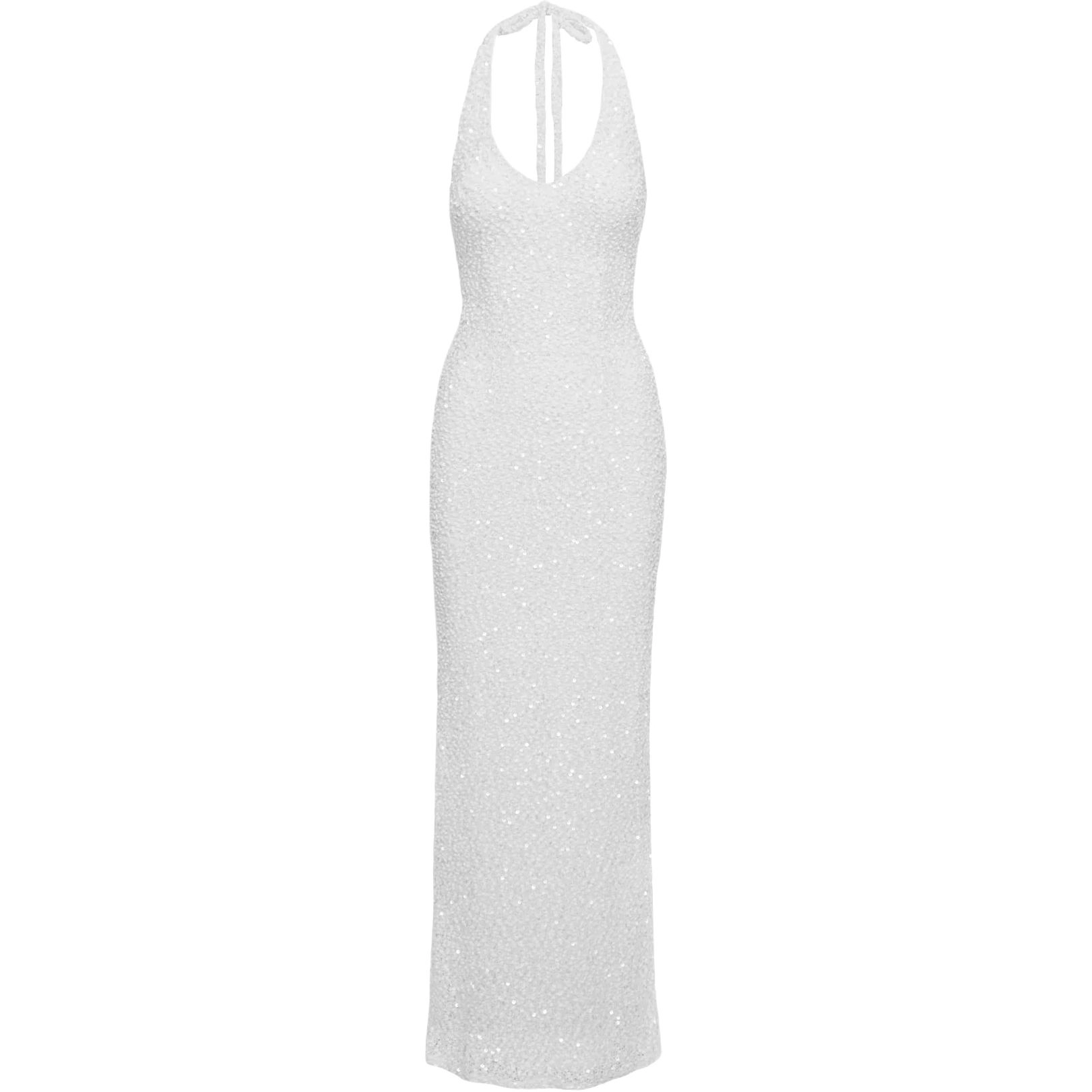 PRINCESS POLLY MOON AND BACK BOUCLE SEQUIN MAXI DRESS WHITE