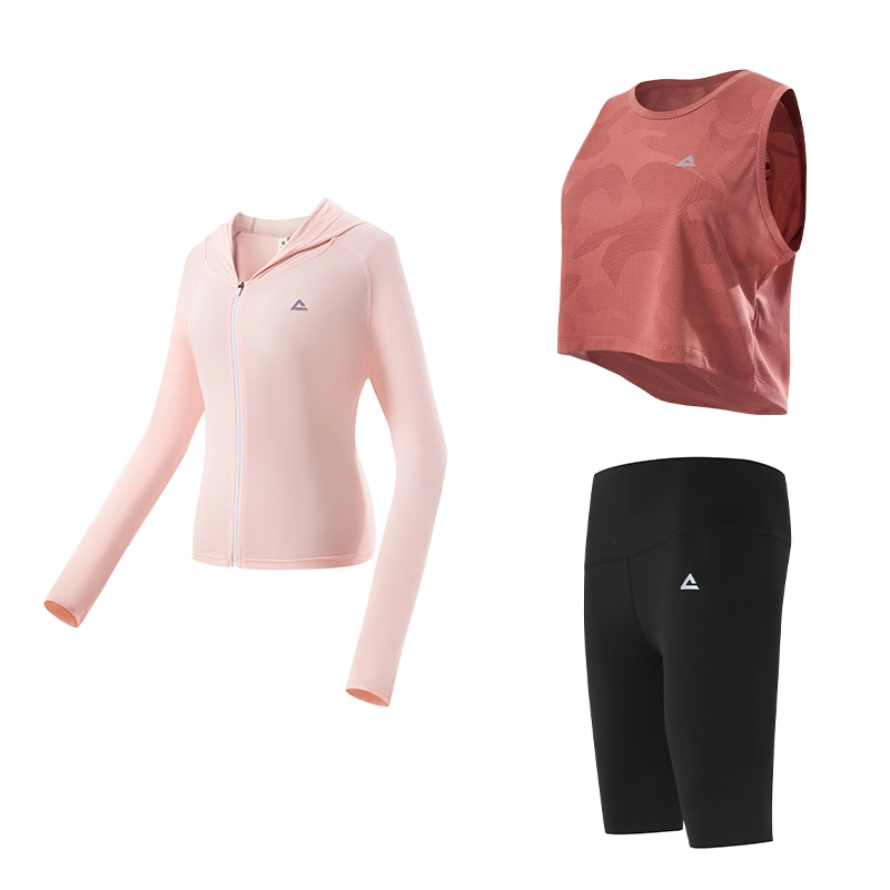 匹克 瑜伽服健身运动服套装 粉色背心五分打底裤三件套 女款