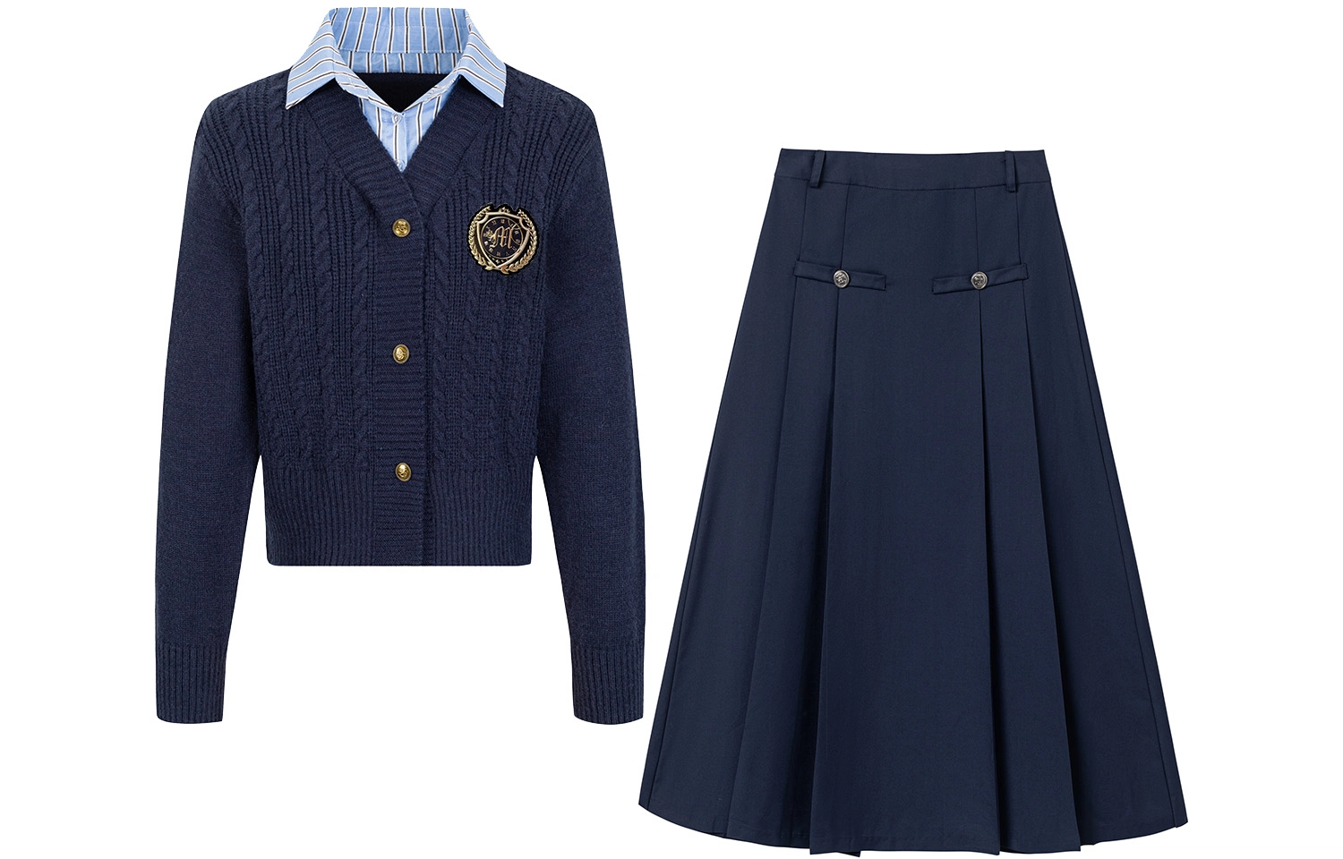 九条喵 学院风假两件单排扣针织衫高腰半身裙制服 女款