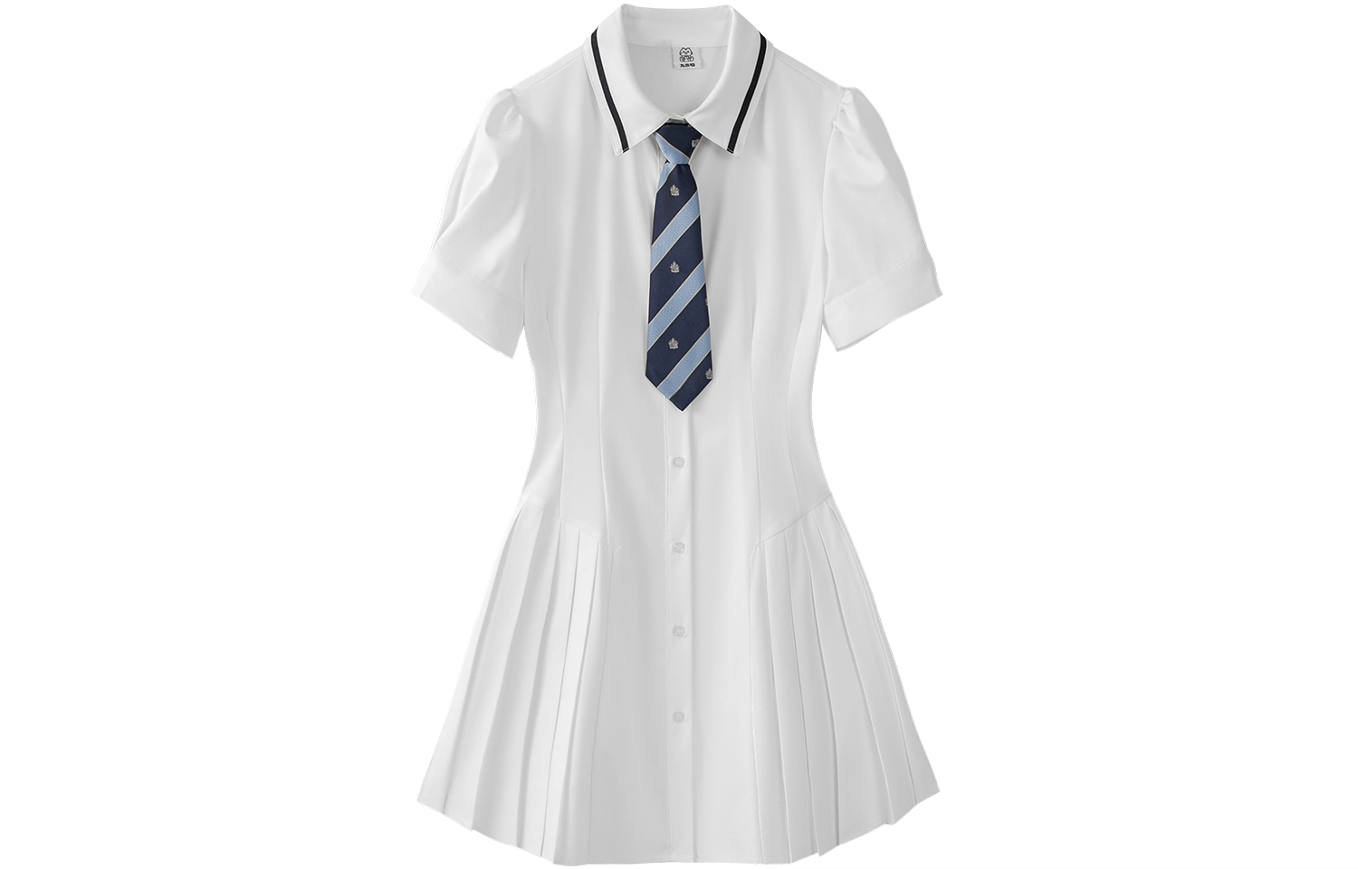 九条喵 小白川 纯色收腰衬衫式百褶短袖制服连衣裙 白色 开学季