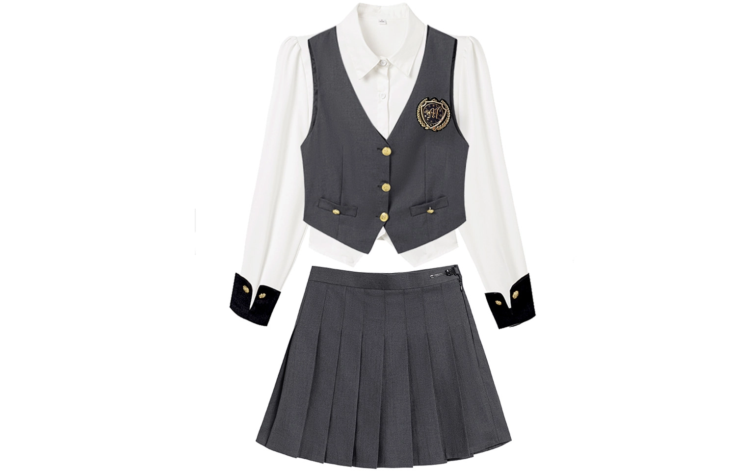 九条喵 尖领长袖衬衫单排扣马甲纯色高腰百褶短裙制服 女款