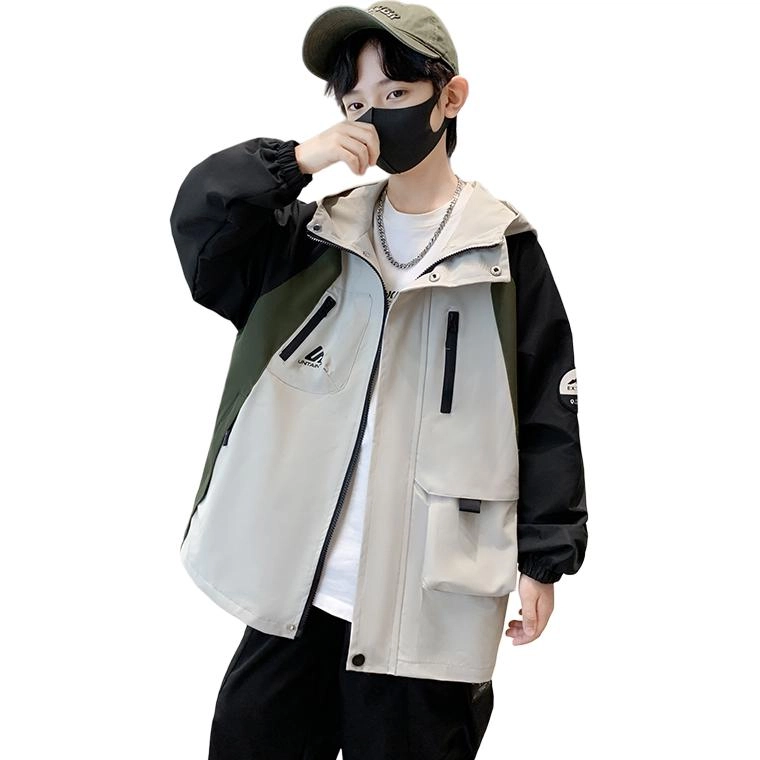 木木屋 时髦洋气潮酷百搭插肩拼色连帽长袖夹克外套青少年