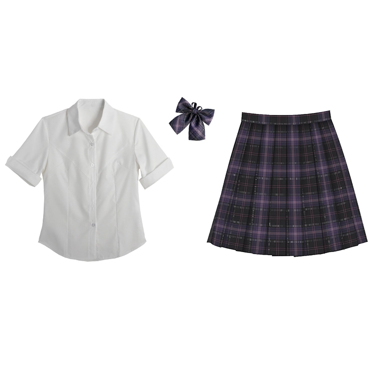兔半眠 纯色尖领短袖衬衫配领结格子半身短裙制服 女款