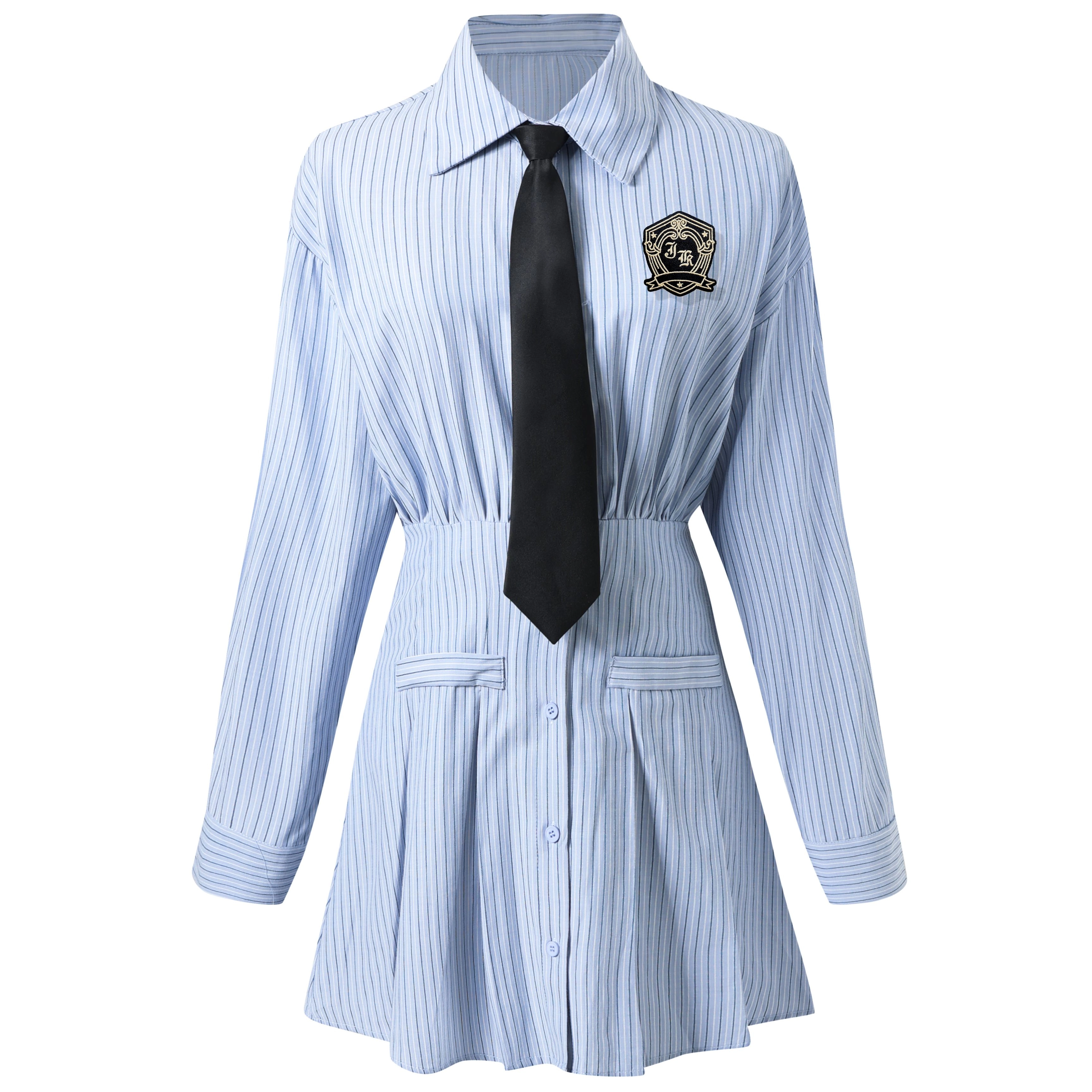 九条喵 拼色条纹徽章刺绣尖领收腰衬衫长袖连衣裙制服 浅蓝色