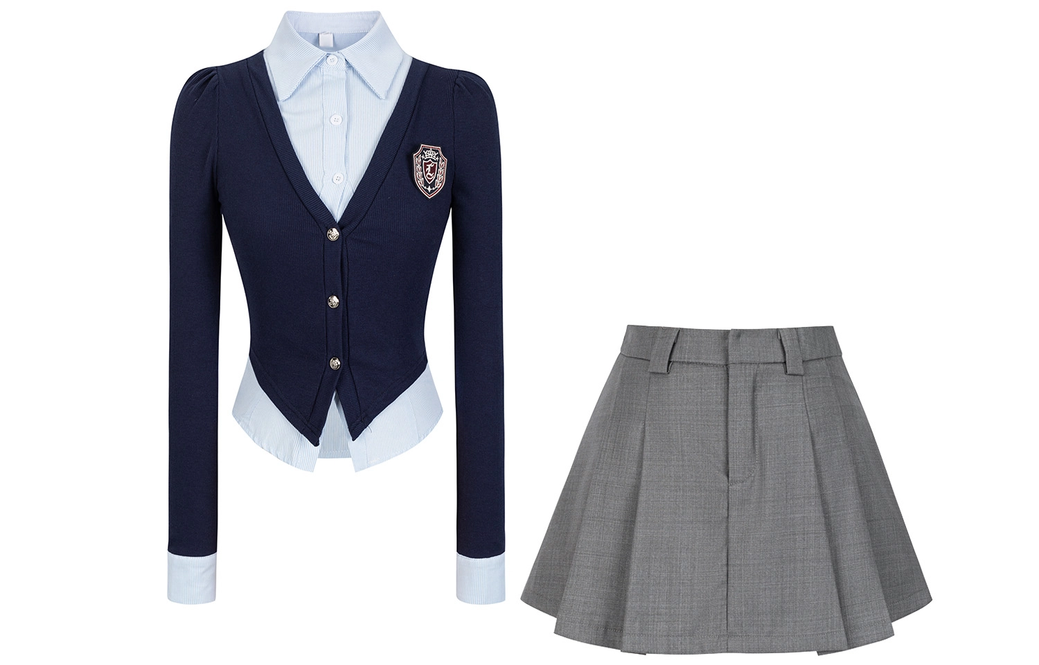九条喵 假两件带徽章收腰衬衫半身百褶裙制服 女款