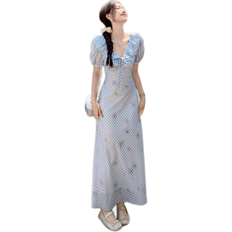 纤丝鸟 法式清新甜美风格纹别致收腰泡泡仙女碎花短袖连衣裙 女款
