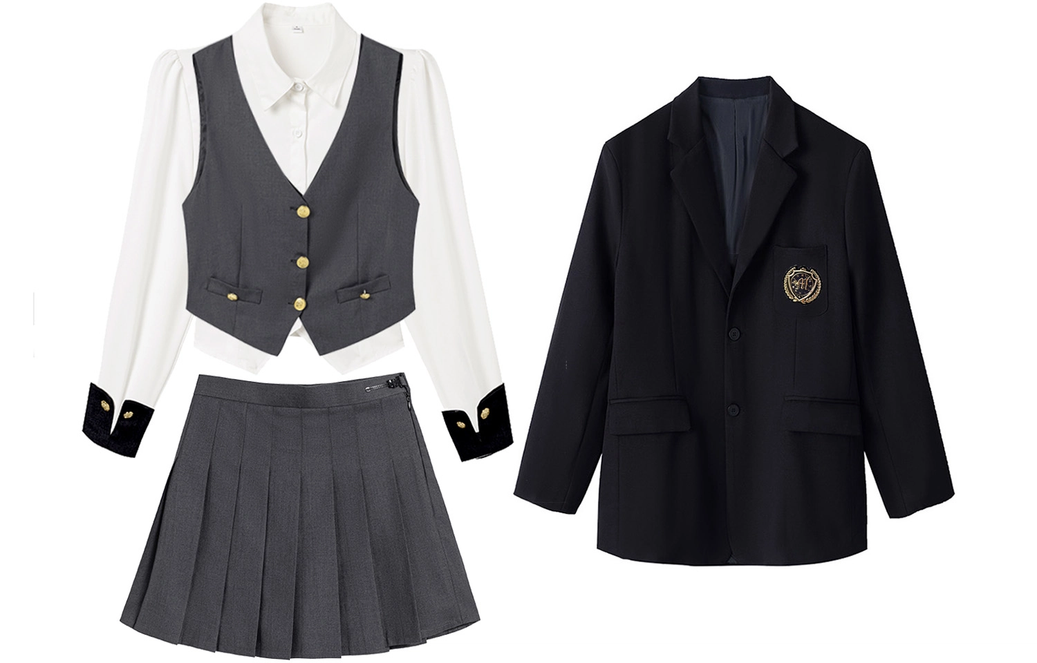 九条喵 单排扣西装马甲拼色长袖衬衫纯色百褶短裙制服 女款 灰色