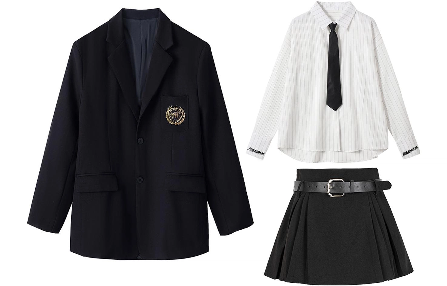 九条喵 宽松西装外套竖条纹刺绣长袖衬衫百褶裙制服 女款
