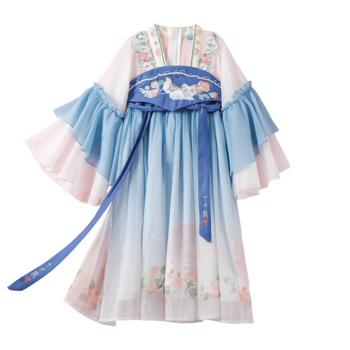 十月妈咪 中式国风碎花拼接网纱长袖适中连衣裙汉服 夏春 儿童款 靛蓝