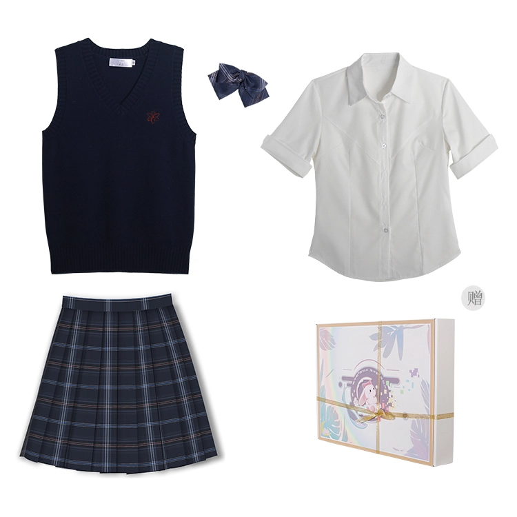 兔半眠 学院风舒适纯色马甲简约短袖衬衫格子百褶裙制服 女款