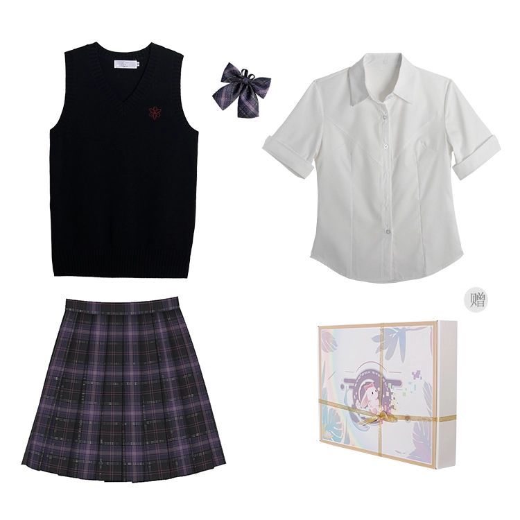 兔半眠 简约时尚通勤马甲纯色短袖衬衫格子半身裙制服 女款