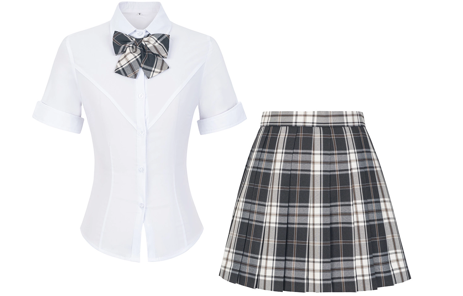 九条喵 学院风简约尖领上衣格纹百褶短裙制服 女款 白色+黑色