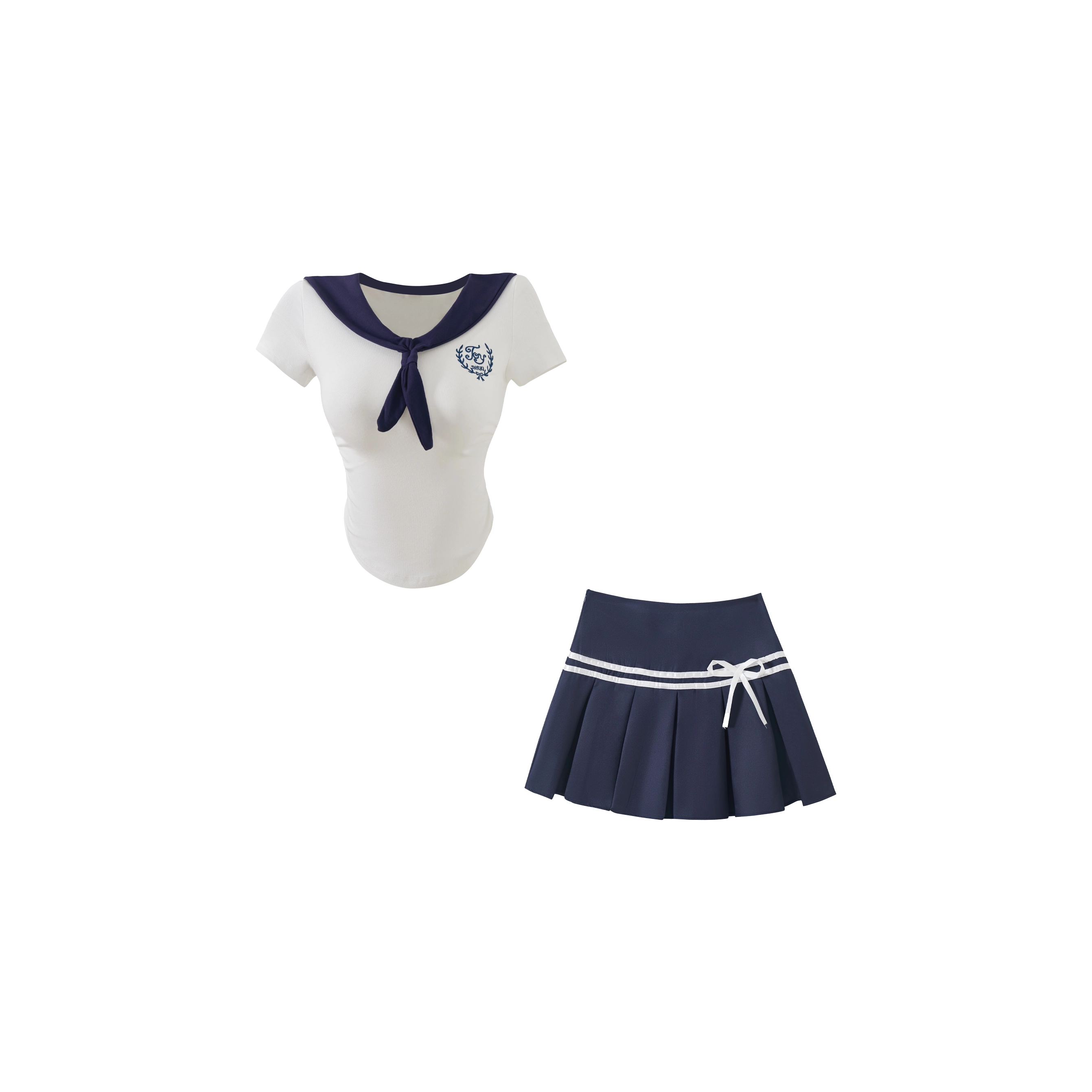 花山家的猫 学院风海军领刺绣短袖配高腰条纹裙制服 女款 藏青领白上衣/藏青百褶裙