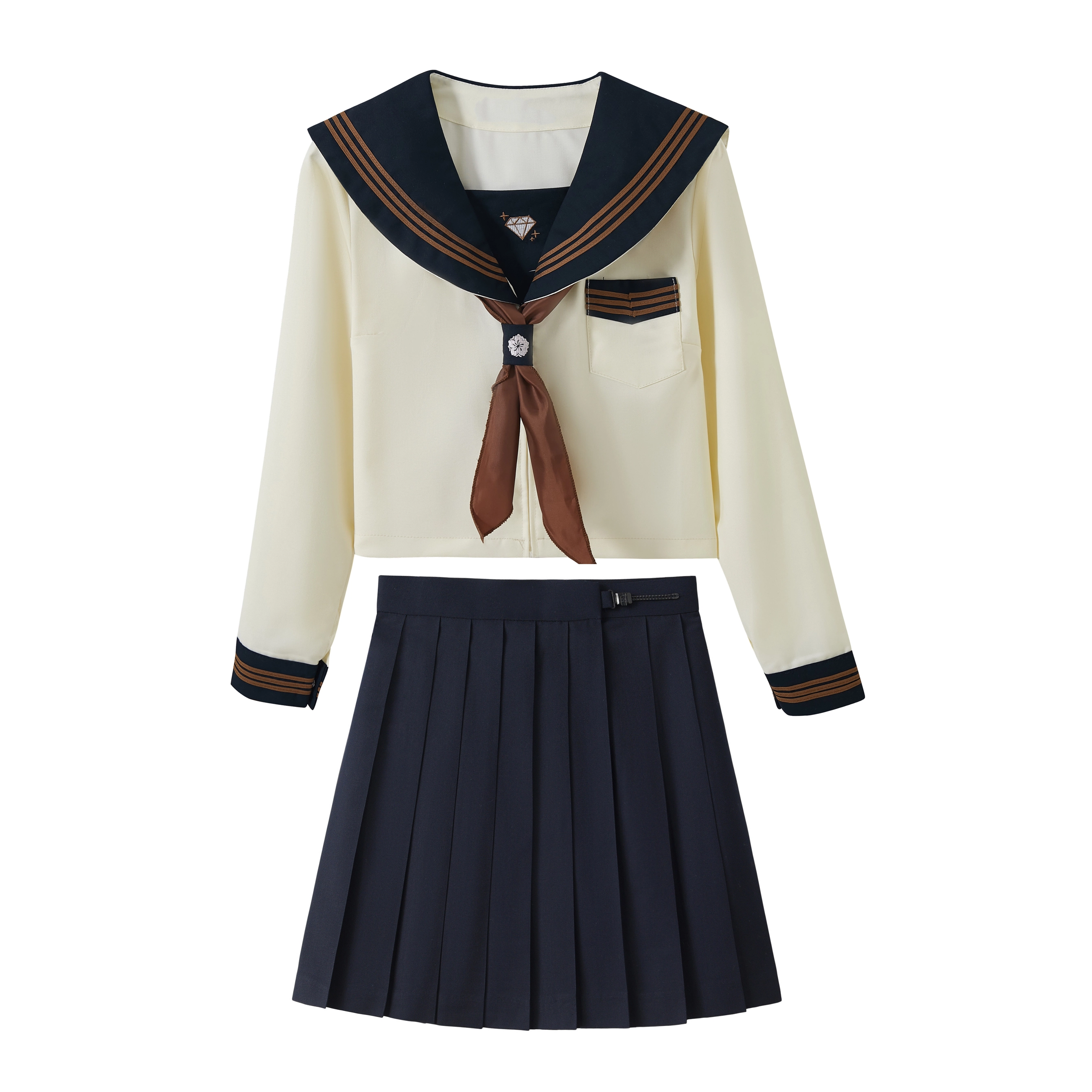 花山家的猫 海军领舒适简约长袖上衣高腰通勤短款百褶制服 女款