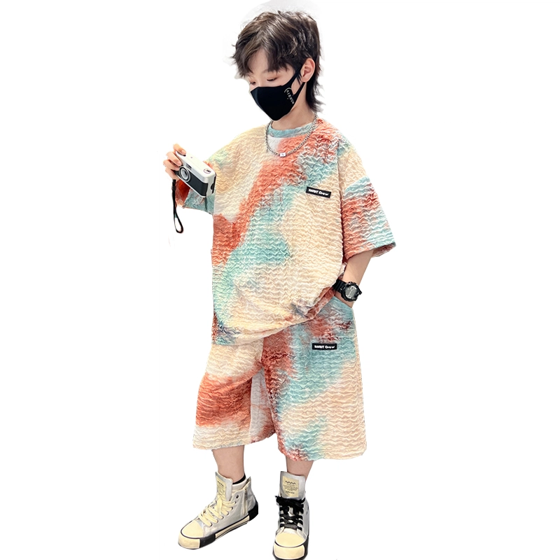 熊猫圆圆 夏季新款男中大童韩版扎染宝宝洋气针织休闲扎染短袖短裤套装 儿童款