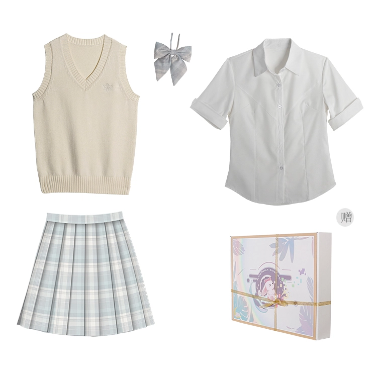 兔半眠 学院风甜妹马甲翻领衬衫短袖浅格裙制服 女款 套装（奶杏马甲+短袖修身衬衫+月见裙子）