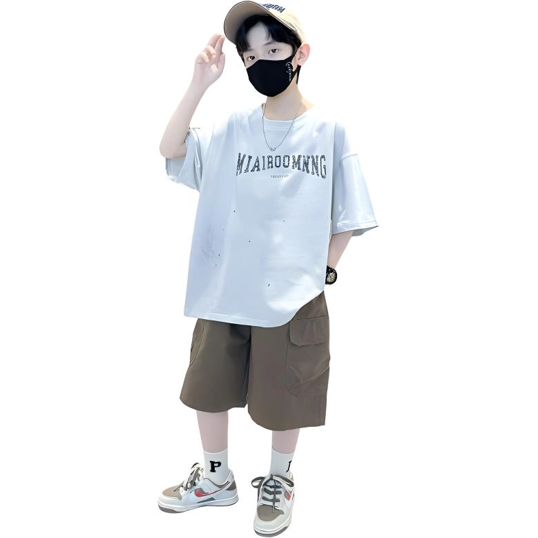 熊猫圆圆 男童印花字母甩点短袖休闲套装 儿童款