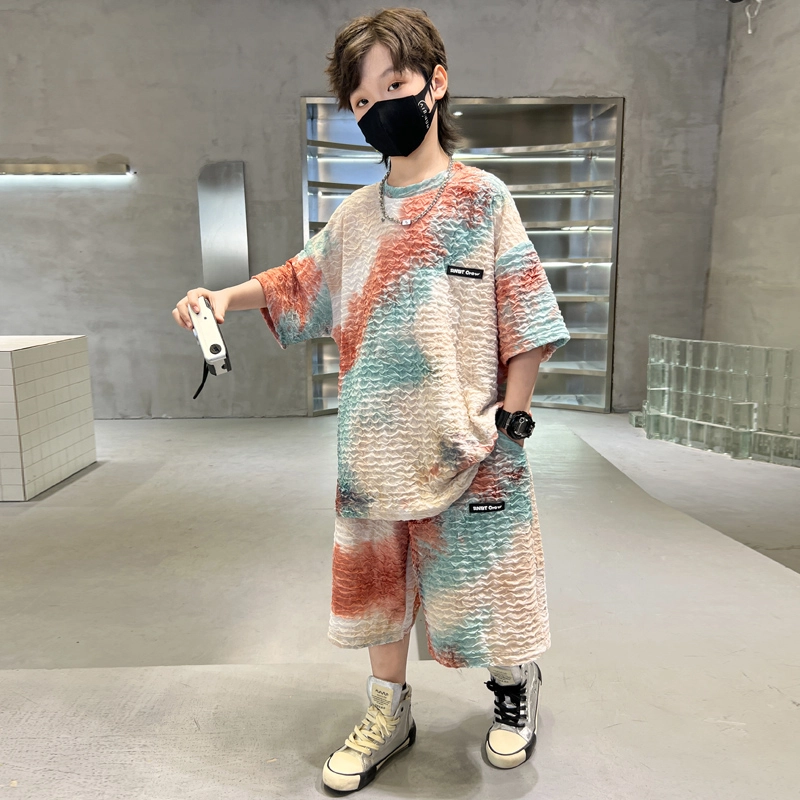 熊猫圆圆 夏季新款男中大童韩版扎染宝宝洋气针织休闲扎染短袖短裤套装 儿童款
