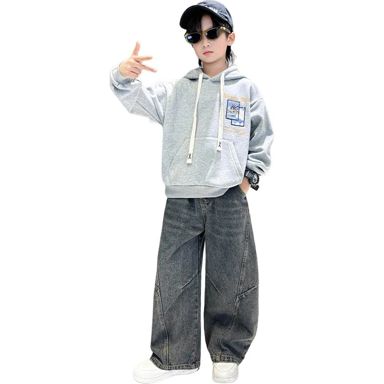 木木屋 松紧腰洋气简约字母纯色牛仔裤 蓝色 青少年