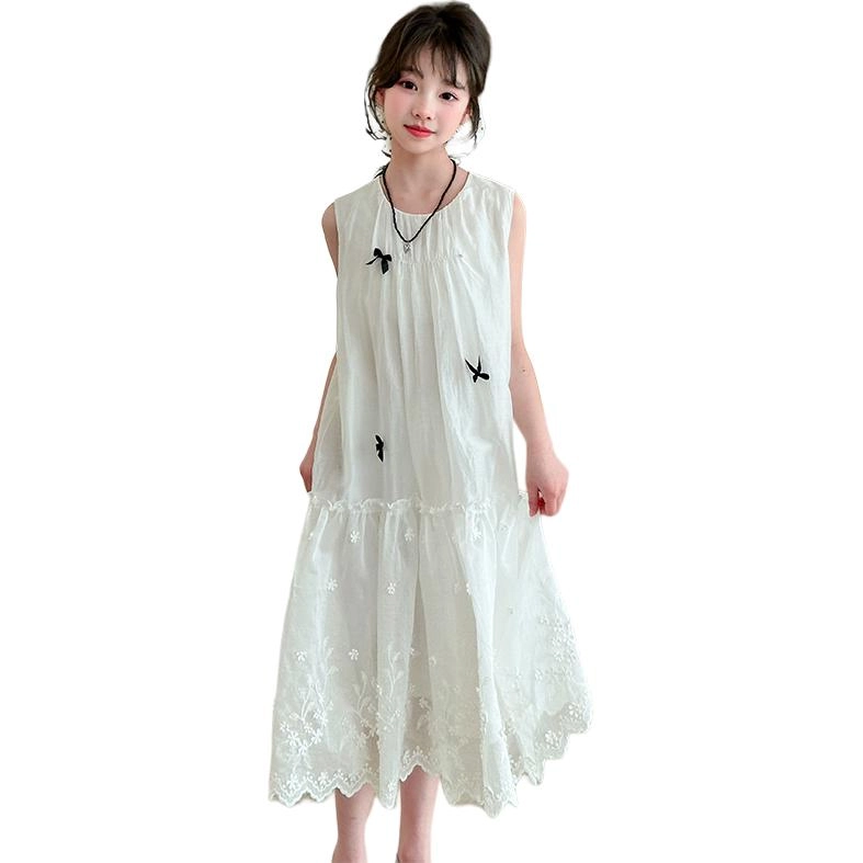 棉基因连衣裙 夏季女童简约休闲度假风绣花裙无袖 白色 青少年