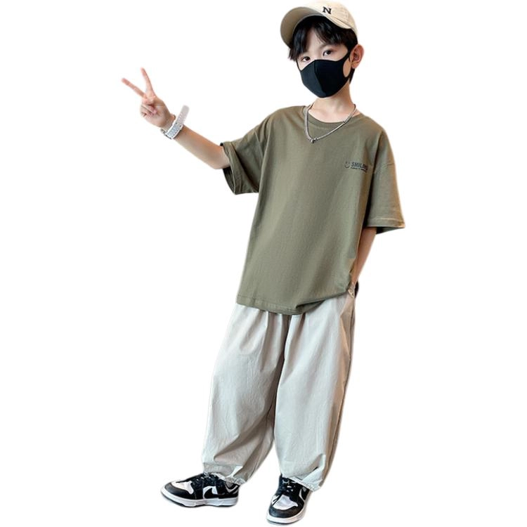 木木屋 圆领洋气字母简约落肩短袖松紧腰纯色长裤休闲运动套装青少年