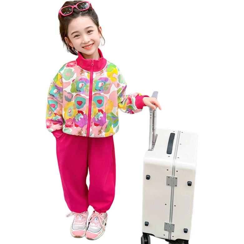木木屋 舒适立领落肩上衣透气裤子休闲运动套装 花色中小童