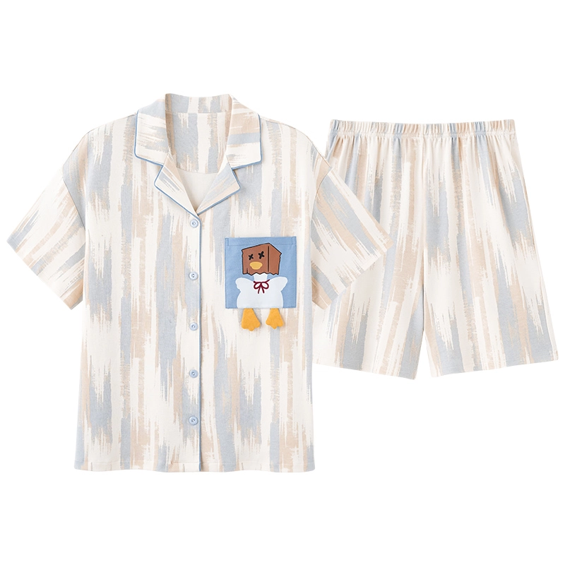 夏芬妍 柔软舒适卡通小鸭纯棉翻领家居服休闲舒适短袖时尚可外穿睡衣套装 男女同款