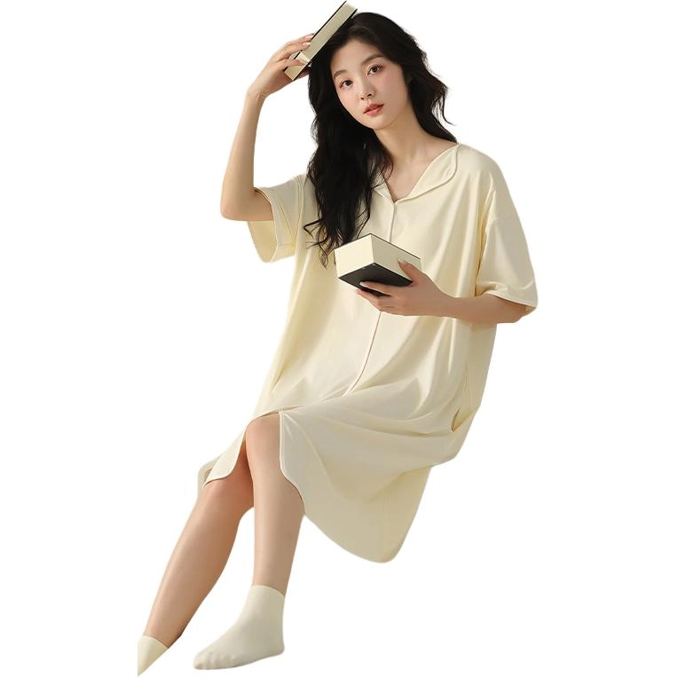 北极绒 大码家居服舒适柔软纯色短袖圆领睡裙 女款