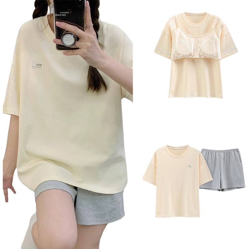 北极绒 纯棉夏季带胸垫卡通动漫短袖圆领短裤睡衣上装 女款