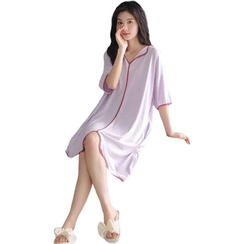 北极绒 大码家居服舒适柔软纯色短袖圆领睡裙 女款