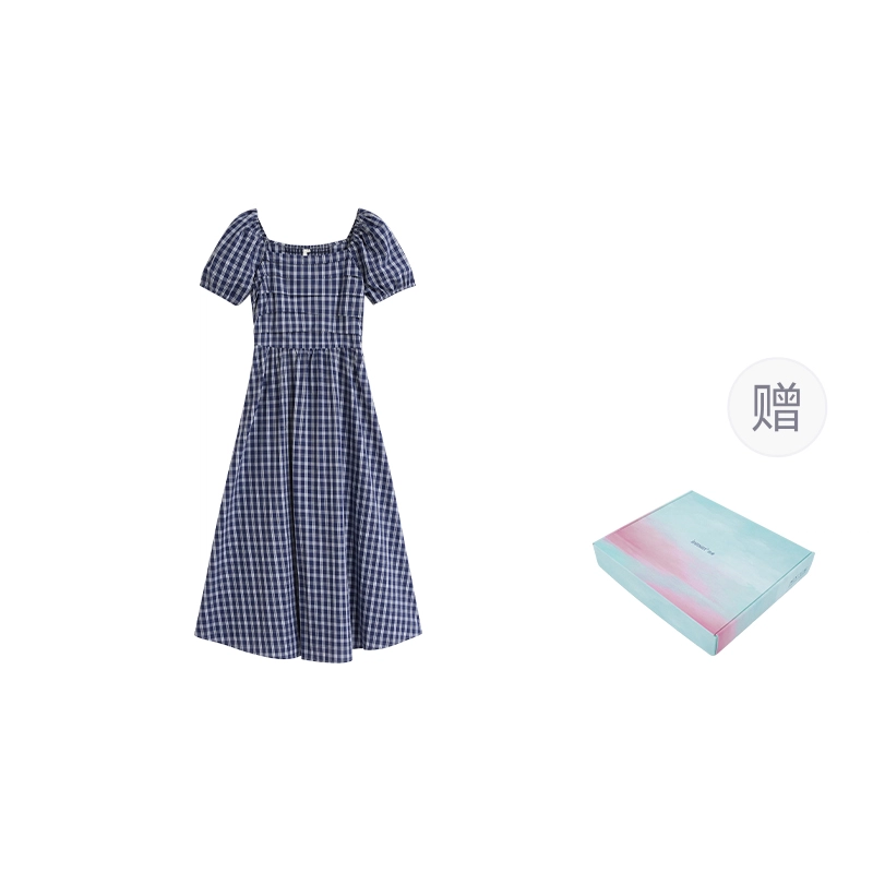 茵曼 法式格纹百搭时尚短袖连衣裙 女款 藏青