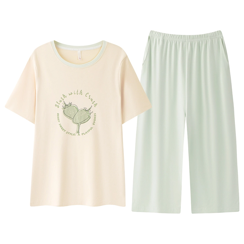 浮光岛屿 简约纯棉柔软时尚可爱高级感短袖七分裤家居服舒适亲肤透气可外穿休闲睡衣套装 女款