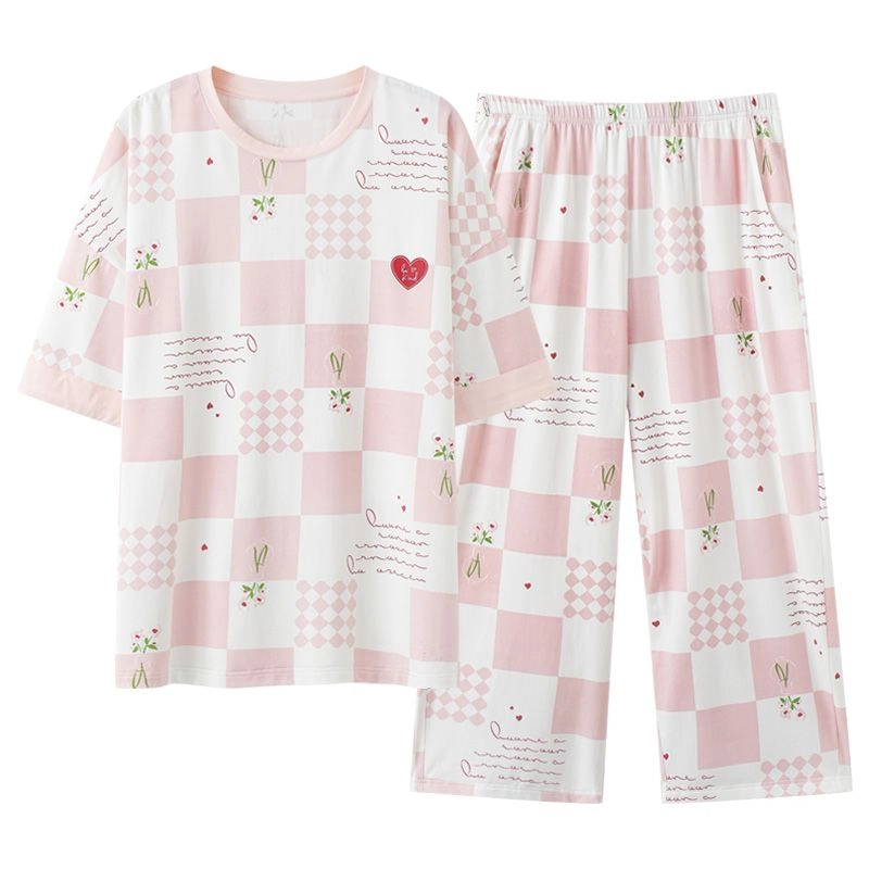 细舍 短袖七分裤甜美时尚舒适家居服睡衣套装 女款