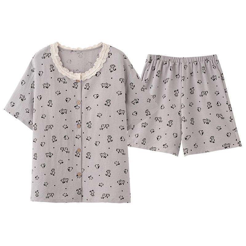 细舍 开衫短袖两件套甜美休闲家居服三分裤夏季睡衣套装 女款