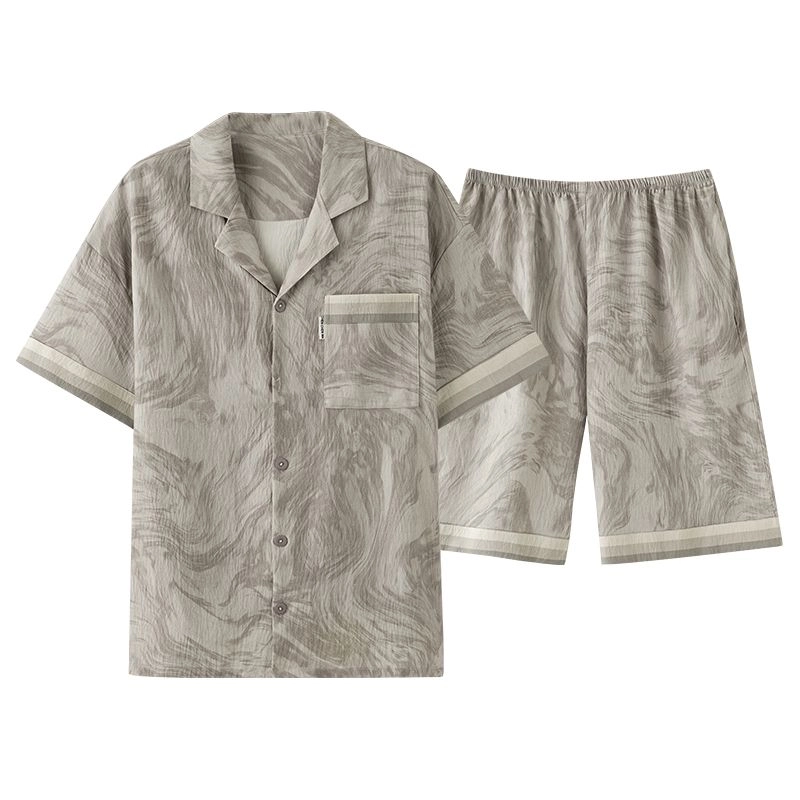 细舍 开衫翻领薄款透气短袖短裤休闲上衣两件家居服睡衣套装 男款