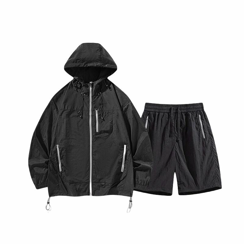 加荣 凉感速干冰丝男夏季薄款宽松情侣防晒衣户外山系机能风两件套帅气潮流男生搭配一套青少年设计感连帽衬衫休闲运动套装 男女同款