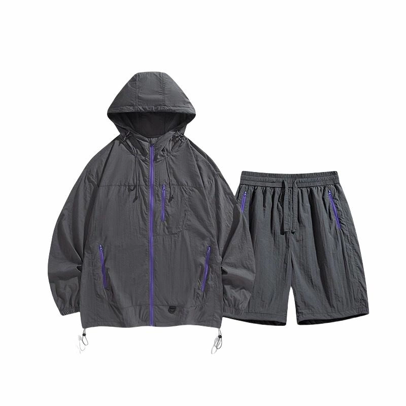 加荣 凉感速干冰丝男夏季薄款宽松情侣防晒衣户外山系机能风两件套帅气潮流男生搭配一套青少年设计感连帽衬衫休闲运动套装 男女同款