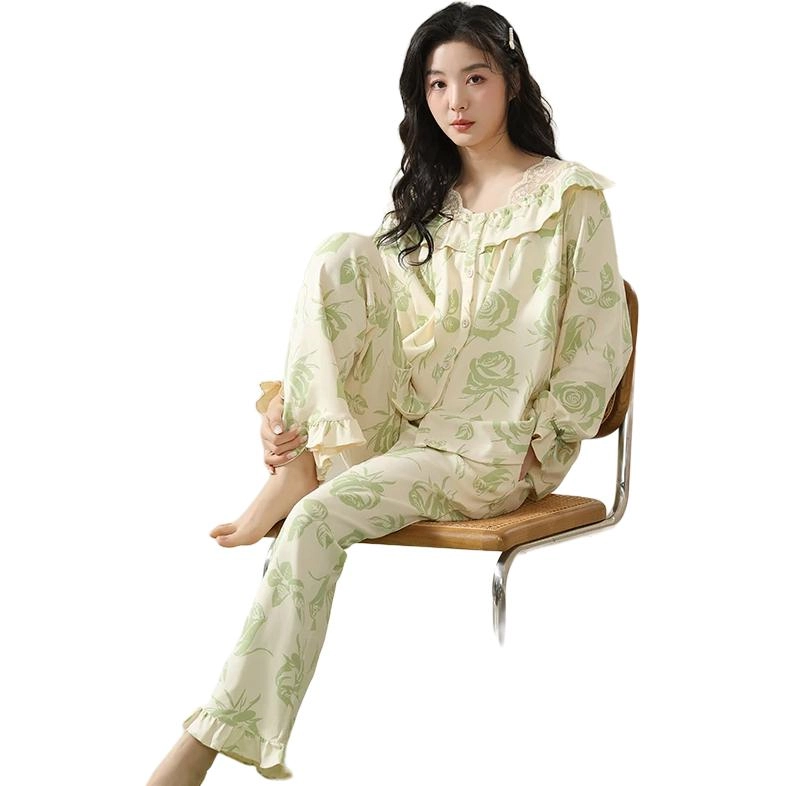 欧迪芬 纯棉抗菌抑螨长袖小翻领长裤睡衣套装 女款