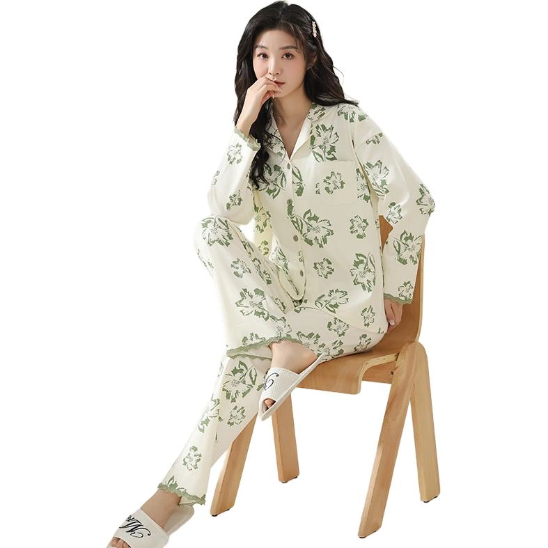 欧迪芬 纯棉抗菌抑螨长袖小翻领长裤睡衣套装 女款