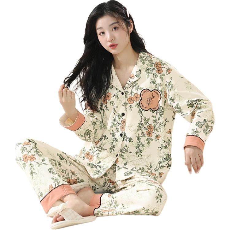 欧迪芬 纯棉抗菌抑螨长袖小翻领长裤睡衣套装 女款