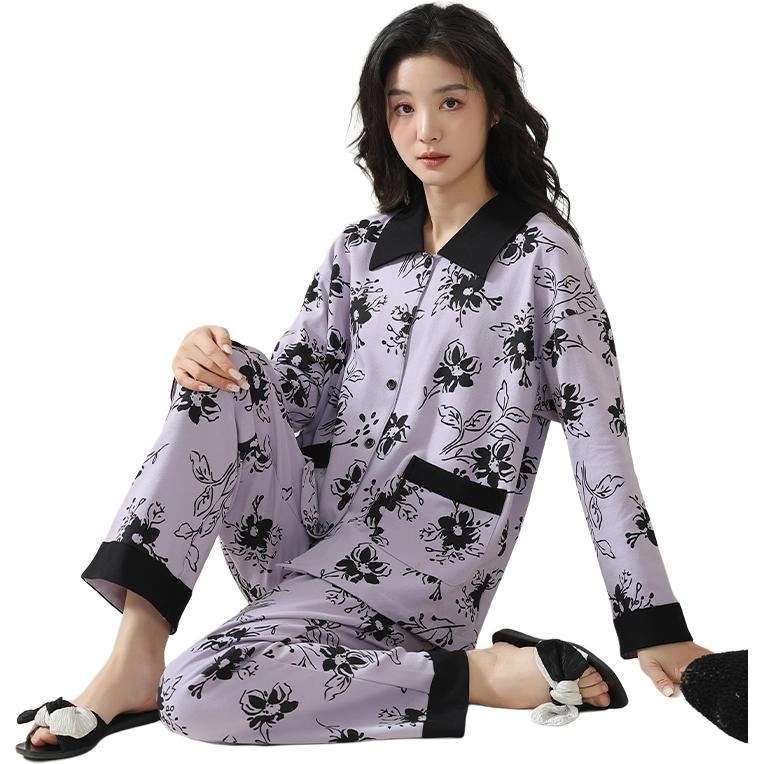 欧迪芬 纯棉抗菌抑螨长袖小翻领长裤睡衣套装 女款