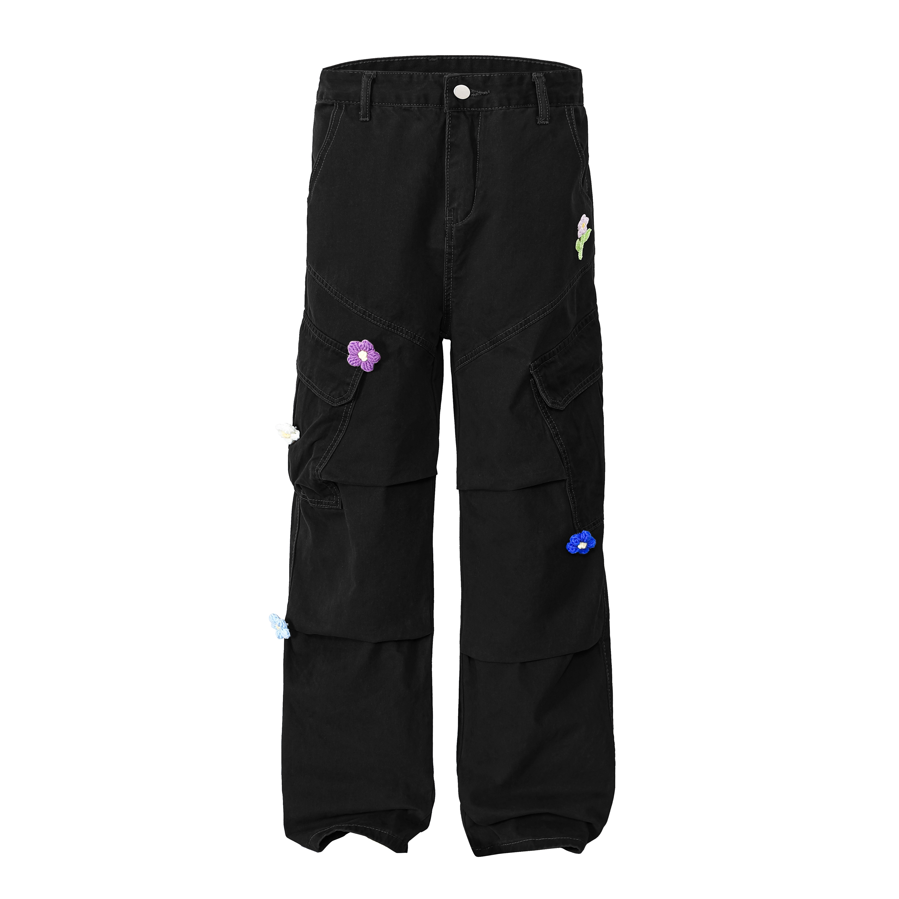 帝狼牛 美式复古高街小花大口袋工装运动时尚日常通勒小众垂感拖地阔腿柔软简约舒适中腰宽松休闲裤 男女同款