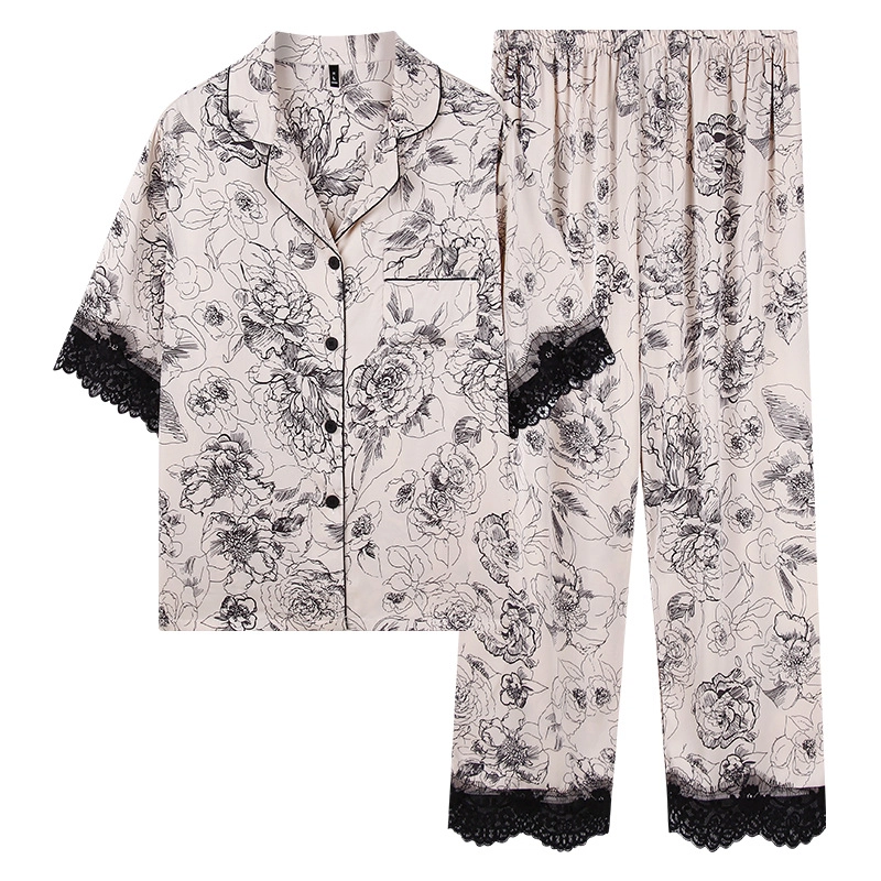 桔内 高级感丝绸休闲服冰丝短袖长裤仿真丝家居服复古印花玫瑰花凉感可外穿三分袖睡衣套装 女款