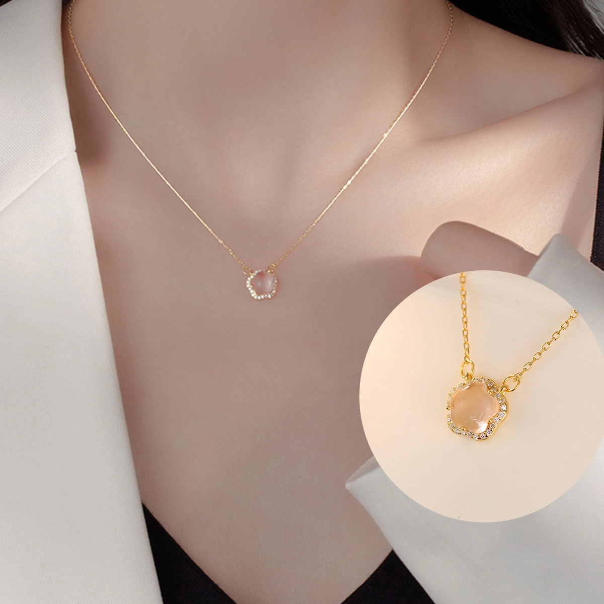 品彩 桃花 福气满满#好运 粉水晶 项链 女款