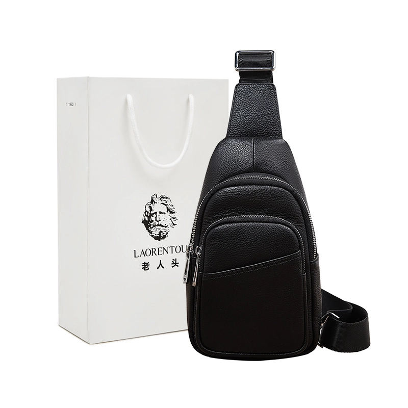 老人头 经典商务通勤简约潮流 头层牛皮 胸包 男款 黑色