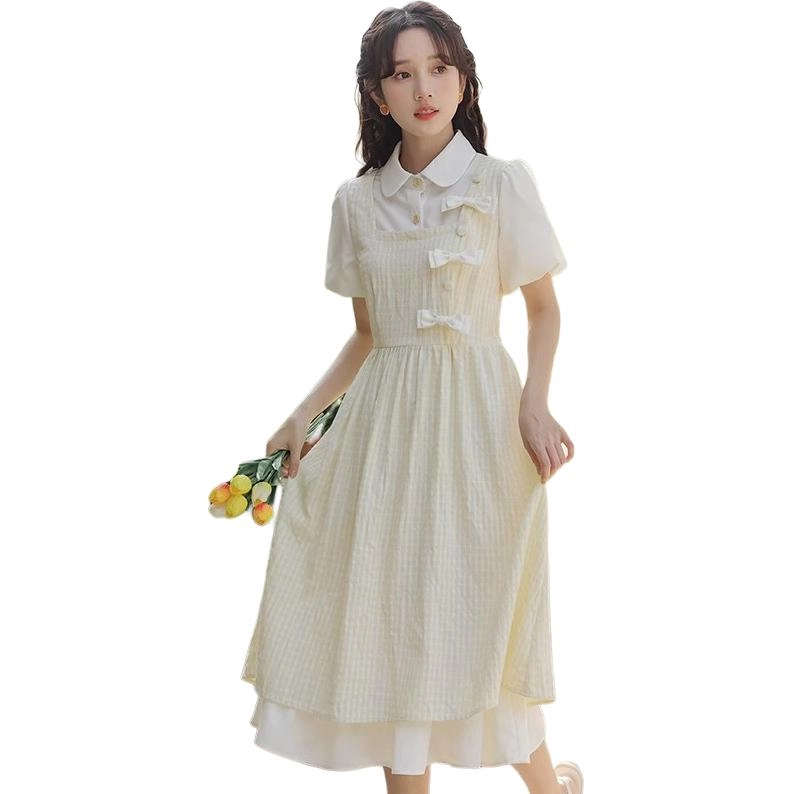 水中花 日系文艺学院风可爱甜美小清新气质淑女收腰显瘦短袖连衣裙 女款