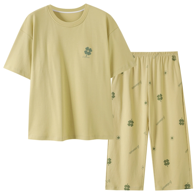 芬腾可安 外出可穿的家居服一体式休闲宽松舒适浅色系透气显瘦微弹时尚带胸垫韩版短袖七分裤两件装春夏季睡衣套装 女款