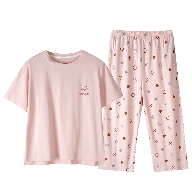 芬腾可安 外出可穿的家居服休闲宽松舒适透气微弹浅色系显瘦时尚一体式带胸垫韩版短袖七分裤两件装春夏季睡衣套装 女款